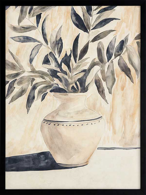 Still life art featuring olive branches in a decorative vase, painted in calming beige and muted greens for elegant interiors.