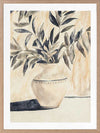Still life art featuring olive branches in a decorative vase, painted in calming beige and muted greens for elegant interiors.