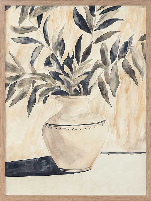 Still life art featuring olive branches in a decorative vase, painted in calming beige and muted greens for elegant interiors.