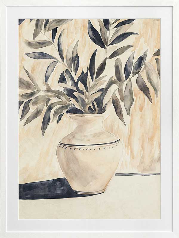 Still life art featuring olive branches in a decorative vase, painted in calming beige and muted greens for elegant interiors.