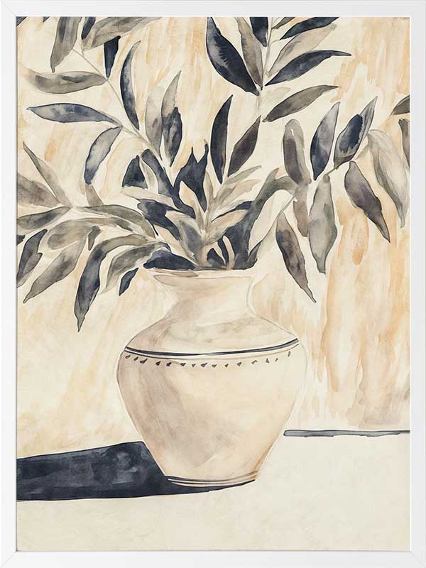 Still life art featuring olive branches in a decorative vase, painted in calming beige and muted greens for elegant interiors.