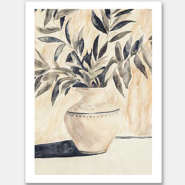 Still life art featuring olive branches in a decorative vase, painted in calming beige and muted greens for elegant interiors.