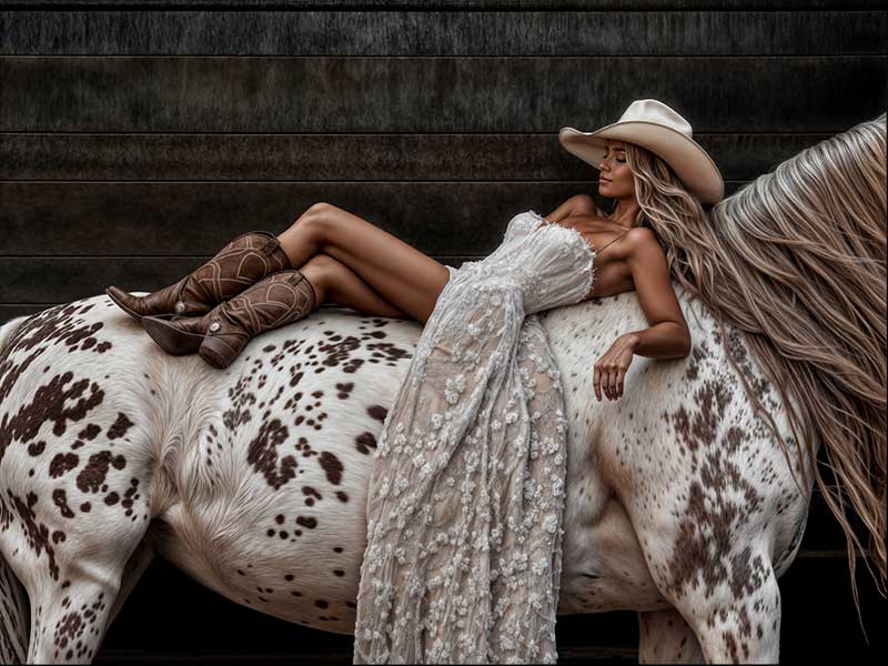 Glamorous photographic horse wall art featuring a woman in a cowboy hat and boots relaxing on a horse in earthy tones.