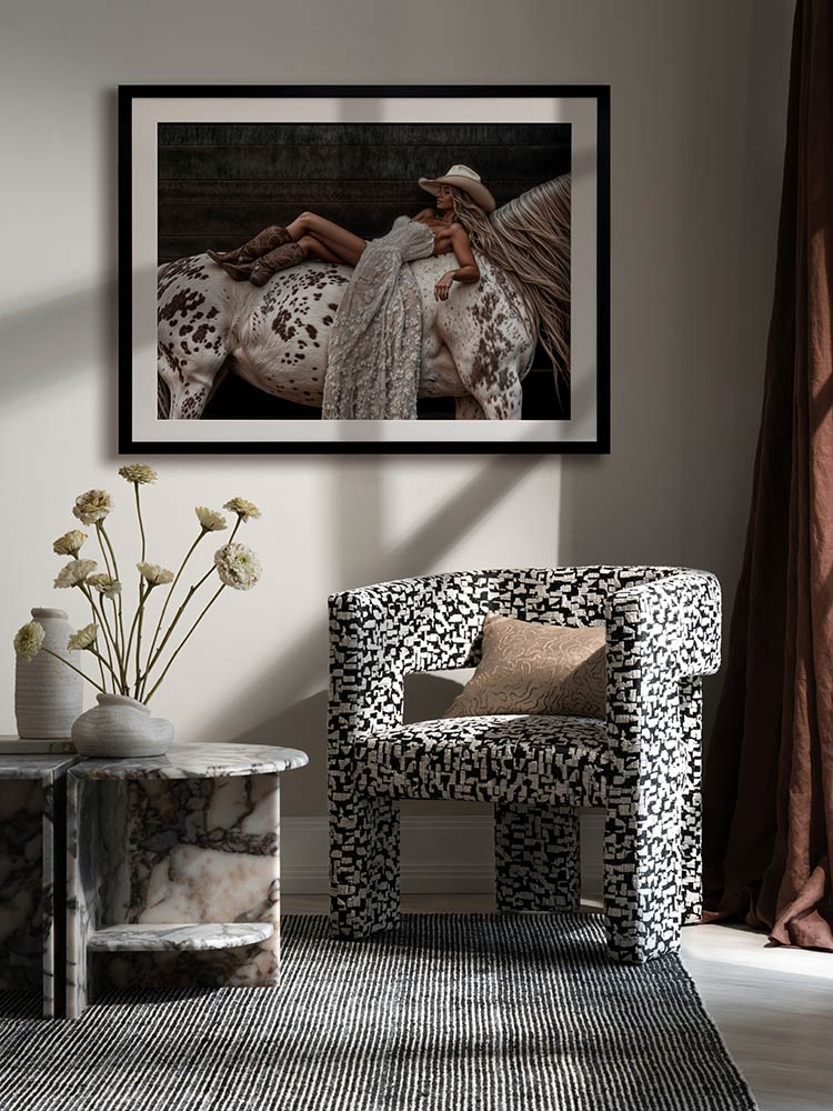Horses Are a Girl’s Best Friend art print above neutral decor in a rich, chocolate-toned room with soft linens and florals.