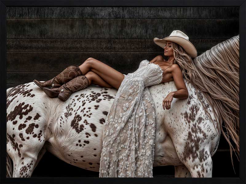 Glamorous photographic horse wall art featuring a woman in a cowboy hat and boots relaxing on a horse in earthy tones.