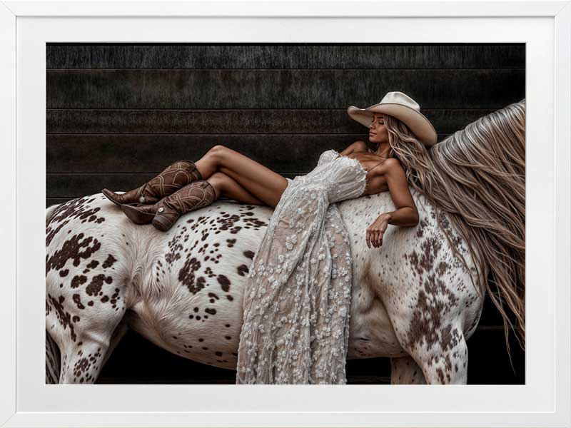 Glamorous photographic horse wall art featuring a woman in a cowboy hat and boots relaxing on a horse in earthy tones.