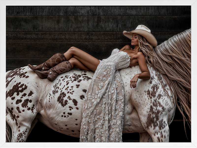 Glamorous photographic horse wall art featuring a woman in a cowboy hat and boots relaxing on a horse in earthy tones.