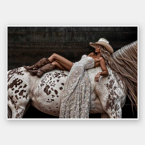 Glamorous photographic horse wall art featuring a woman in a cowboy hat and boots relaxing on a horse in earthy tones.