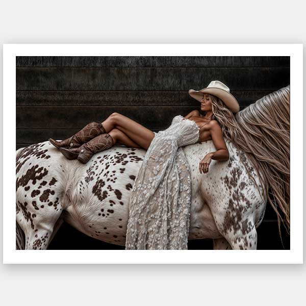 Glamorous photographic horse wall art featuring a woman in a cowboy hat and boots relaxing on a horse in earthy tones.