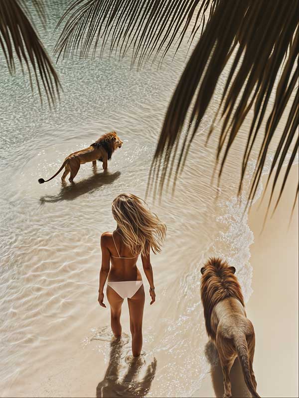 Photographic wall art of a woman and lions walking on a tropical beach with palm leaves, depicting adventurous strength.