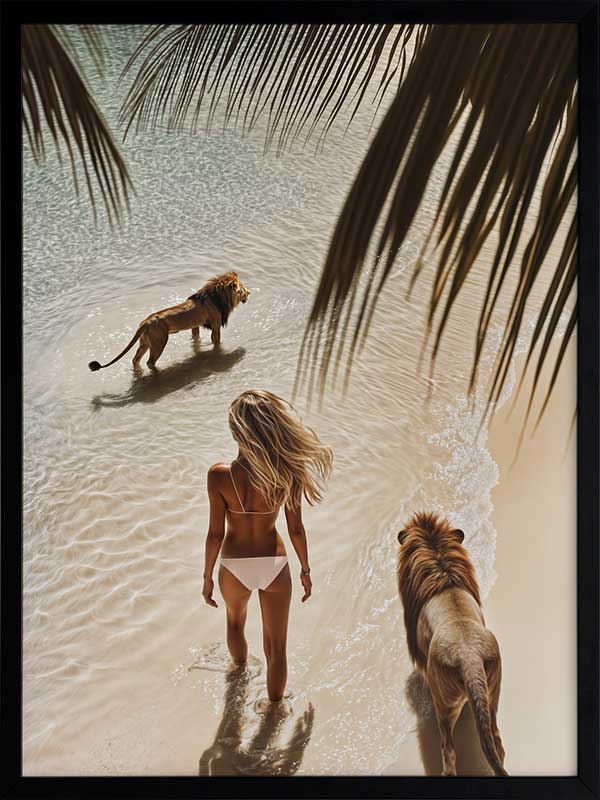 Photographic wall art of a woman and lions walking on a tropical beach with palm leaves, depicting adventurous strength.