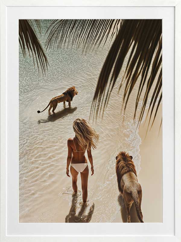 Photographic wall art of a woman and lions walking on a tropical beach with palm leaves, depicting adventurous strength.