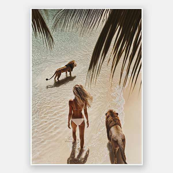 Photographic wall art of a woman and lions walking on a tropical beach with palm leaves, depicting adventurous strength.