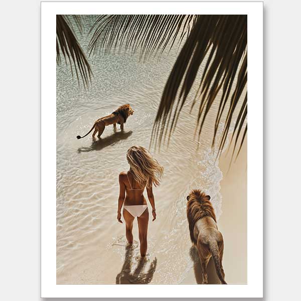 Photographic wall art of a woman and lions walking on a tropical beach with palm leaves, depicting adventurous strength.