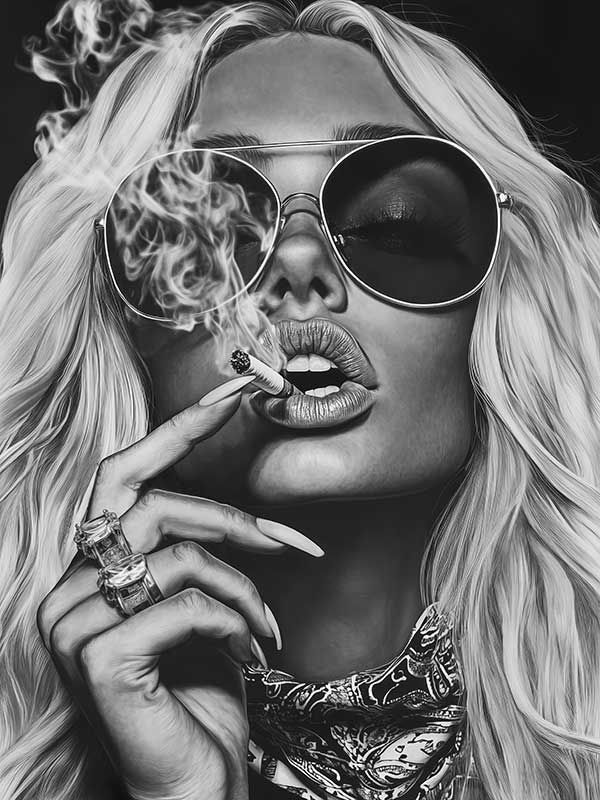 Black-and-white photographic portrait artwork of a glamorous woman smoking, celebrating fearless femininity.