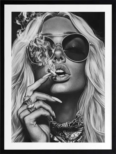 Black-and-white photographic portrait artwork of a glamorous woman smoking, celebrating fearless femininity.