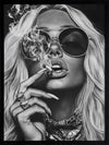 Black-and-white photographic portrait artwork of a glamorous woman smoking, celebrating fearless femininity.