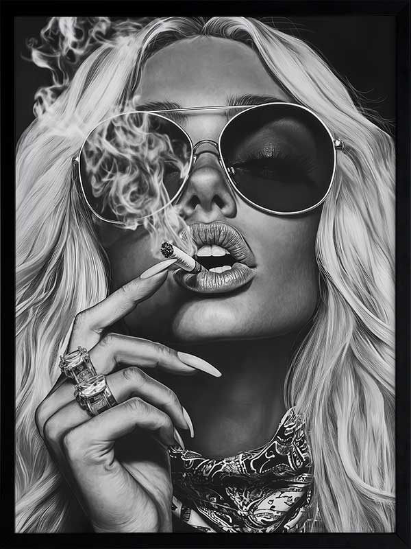 Black-and-white photographic portrait artwork of a glamorous woman smoking, celebrating fearless femininity.