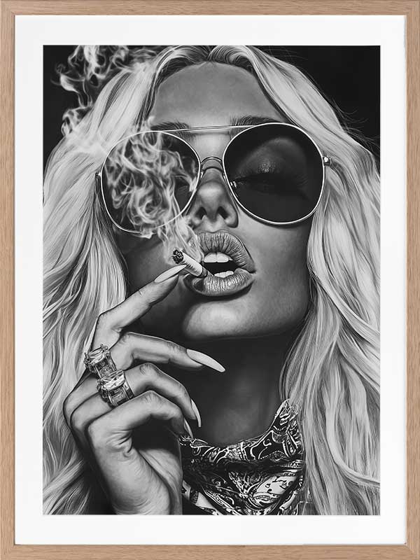 Black-and-white photographic portrait artwork of a glamorous woman smoking, celebrating fearless femininity.