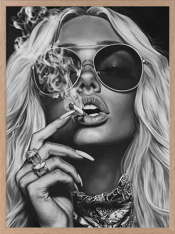 Black-and-white photographic portrait artwork of a glamorous woman smoking, celebrating fearless femininity.