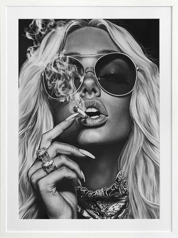 Black-and-white photographic portrait artwork of a glamorous woman smoking, celebrating fearless femininity.