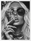 Black-and-white photographic portrait artwork of a glamorous woman smoking, celebrating fearless femininity.