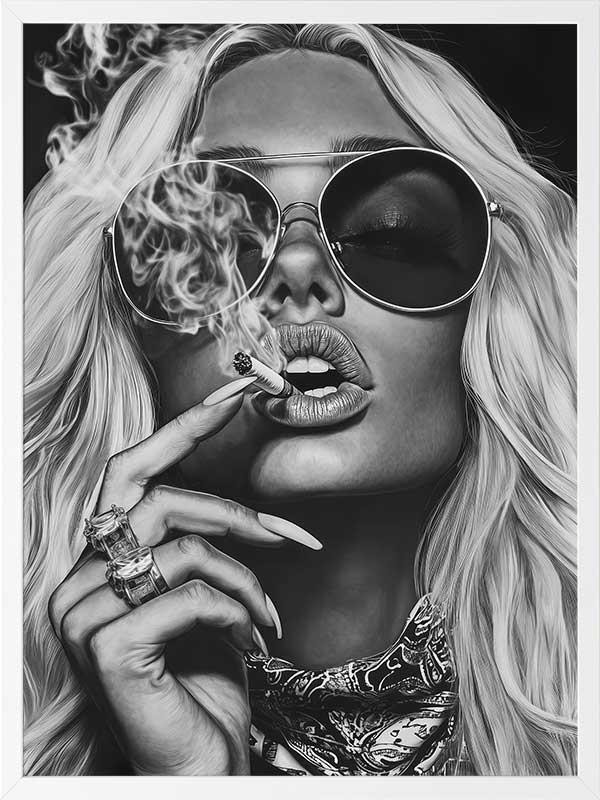 Black-and-white photographic portrait artwork of a glamorous woman smoking, celebrating fearless femininity.