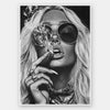 Black-and-white photographic portrait artwork of a glamorous woman smoking, celebrating fearless femininity.