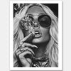 Black-and-white photographic portrait artwork of a glamorous woman smoking, celebrating fearless femininity.