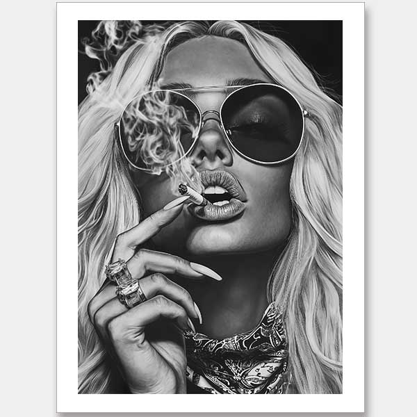 Black-and-white photographic portrait artwork of a glamorous woman smoking, celebrating fearless femininity.