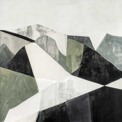 Abstract geometric landscape artwork featuring minimalist forms in muted greens, greys, and monochrome contrasts.
