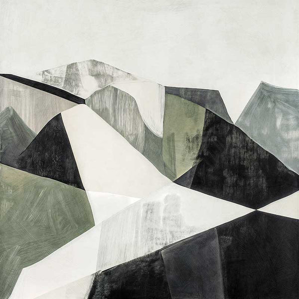 Abstract geometric landscape artwork featuring minimalist forms in muted greens, greys, and monochrome contrasts.