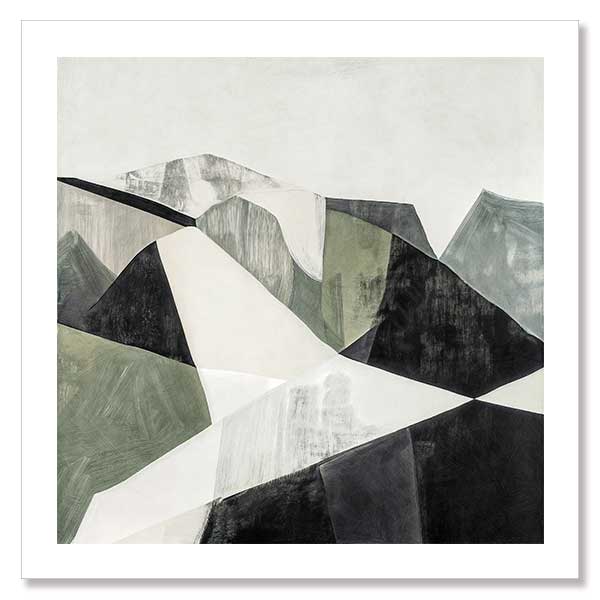 Abstract geometric landscape artwork featuring minimalist forms in muted greens, greys, and monochrome contrasts.