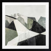 Abstract geometric landscape artwork featuring minimalist forms in muted greens, greys, and monochrome contrasts.