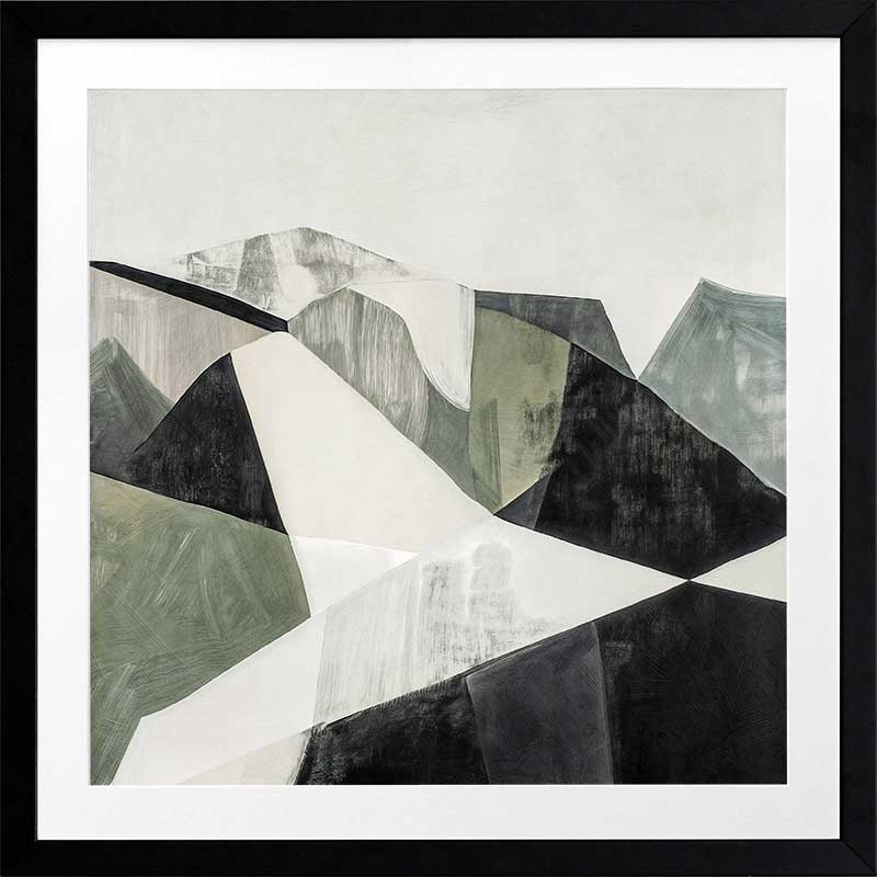 Abstract geometric landscape artwork featuring minimalist forms in muted greens, greys, and monochrome contrasts.