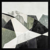 Abstract geometric landscape artwork featuring minimalist forms in muted greens, greys, and monochrome contrasts.