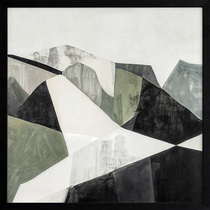 Abstract geometric landscape artwork featuring minimalist forms in muted greens, greys, and monochrome contrasts.