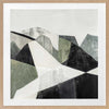 Abstract geometric landscape artwork featuring minimalist forms in muted greens, greys, and monochrome contrasts.