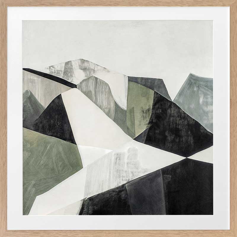 Abstract geometric landscape artwork featuring minimalist forms in muted greens, greys, and monochrome contrasts.