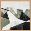 Abstract geometric landscape artwork featuring minimalist forms in muted greens, greys, and monochrome contrasts.