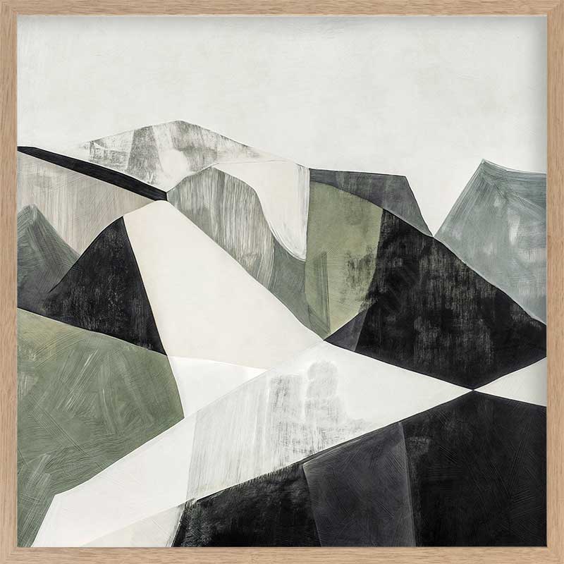 Abstract geometric landscape artwork featuring minimalist forms in muted greens, greys, and monochrome contrasts.
