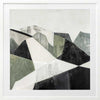 Abstract geometric landscape artwork featuring minimalist forms in muted greens, greys, and monochrome contrasts.