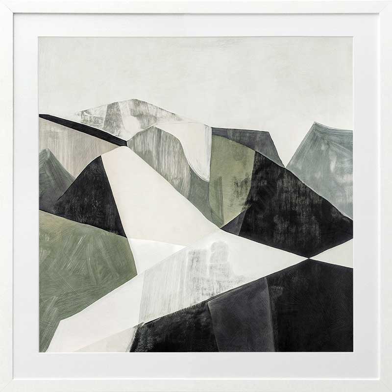 Abstract geometric landscape artwork featuring minimalist forms in muted greens, greys, and monochrome contrasts.