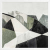 Abstract geometric landscape artwork featuring minimalist forms in muted greens, greys, and monochrome contrasts.