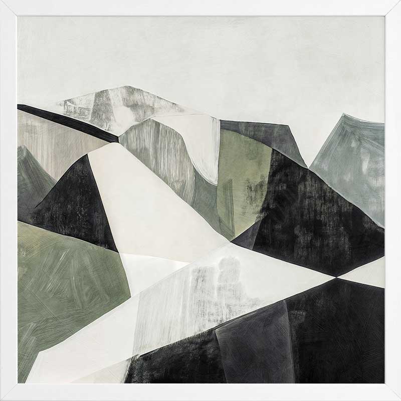 Abstract geometric landscape artwork featuring minimalist forms in muted greens, greys, and monochrome contrasts.