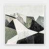 Abstract geometric landscape artwork featuring minimalist forms in muted greens, greys, and monochrome contrasts.