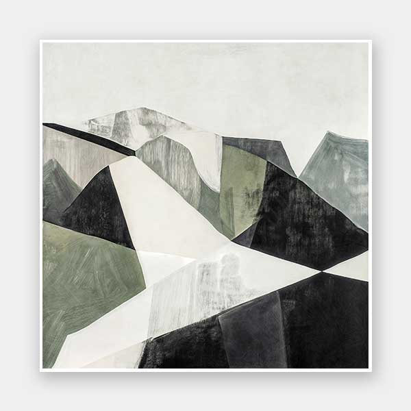 Abstract geometric landscape artwork featuring minimalist forms in muted greens, greys, and monochrome contrasts.