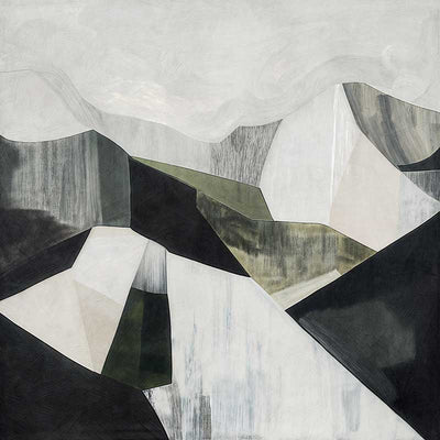 Abstract geometric landscape artwork featuring minimalist forms in muted greens, greys, and monochrome contrasts.