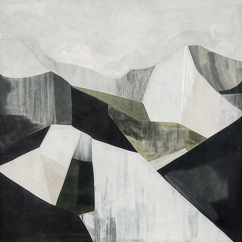 Abstract geometric landscape artwork featuring minimalist forms in muted greens, greys, and monochrome contrasts.