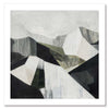 Abstract geometric landscape artwork featuring minimalist forms in muted greens, greys, and monochrome contrasts.